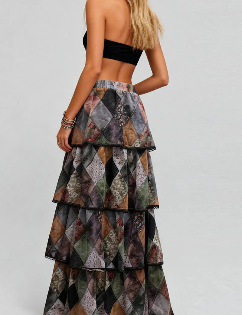Diamond Pattern Tiered Ruffle Maxi Skirt