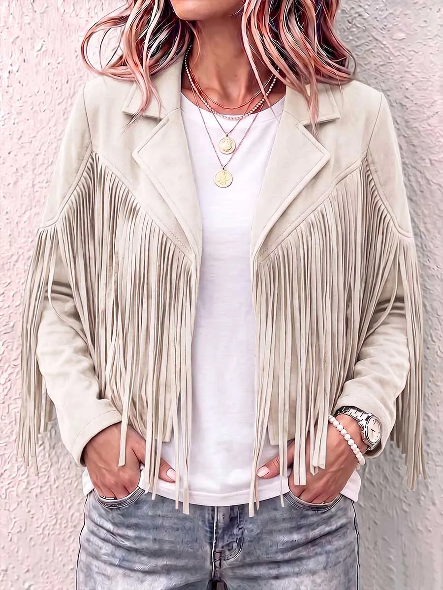 Women S Solid Color Lapel Long-sleeved Casual Loose Tassel Jacket