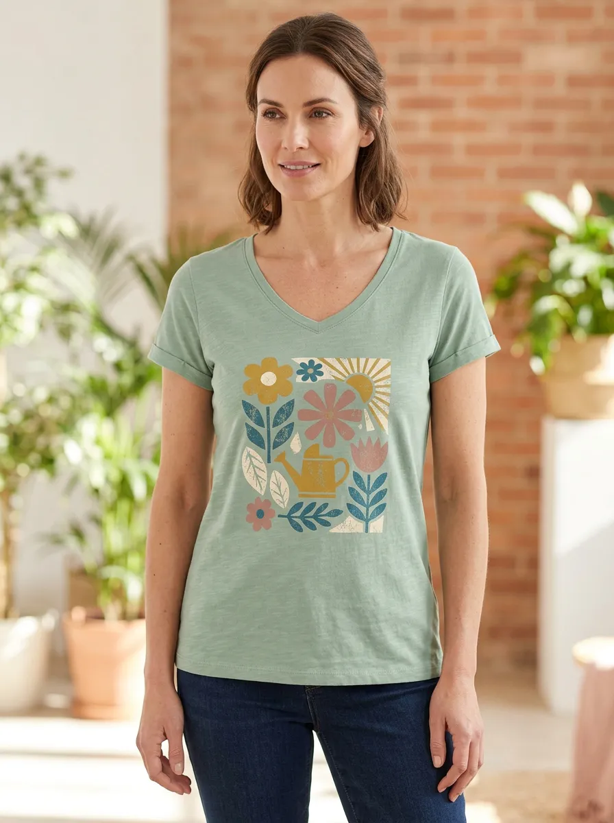 Women's Gardening Floral Watering Can Print V-Neckline Ribbed Trim T-Shirt