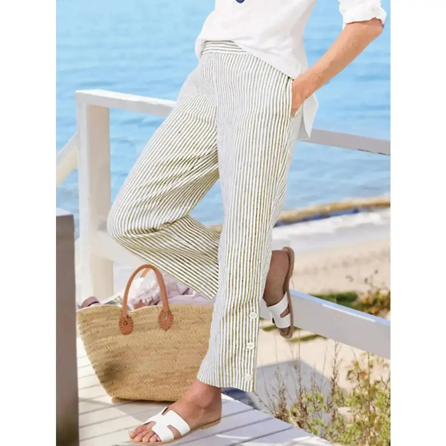 Full Size Striped Side Button Detail Pants Plus Size
