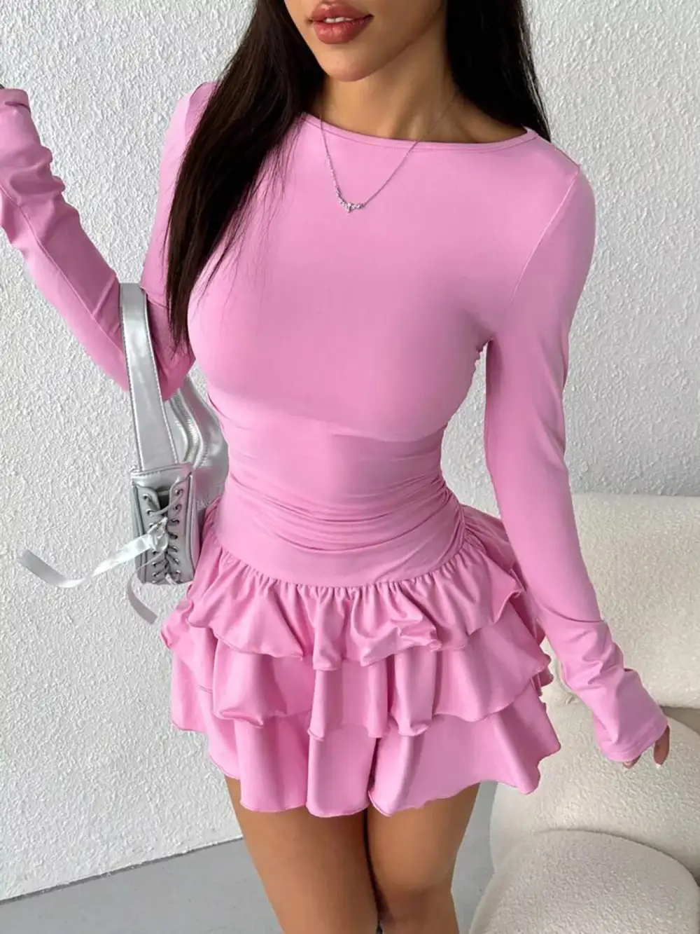 Ruched Long Sleeve Layered Ruffle Mini Dress