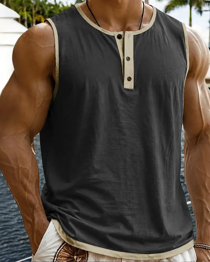 S Relaxed Contrast Trim Henley Sleeveless Tank Top