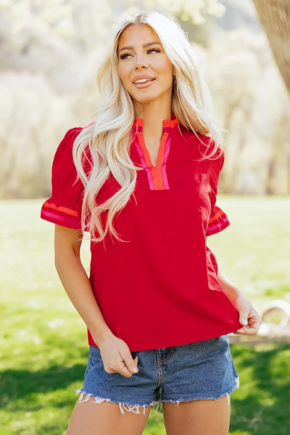 Striped Ruffle Trim Frilled Blouse