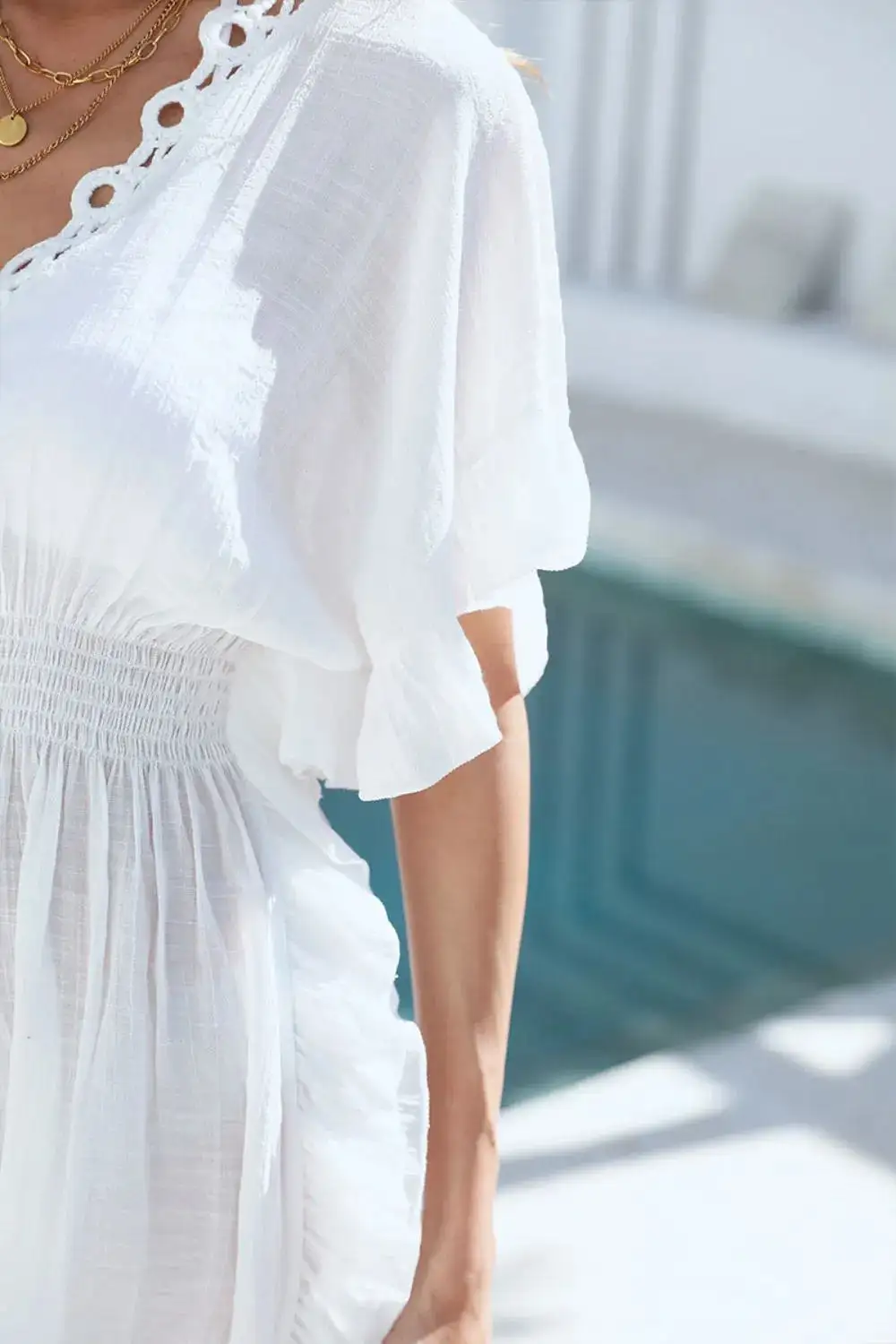 Ruffled Smocked Waist V Neck Swim Cover Up