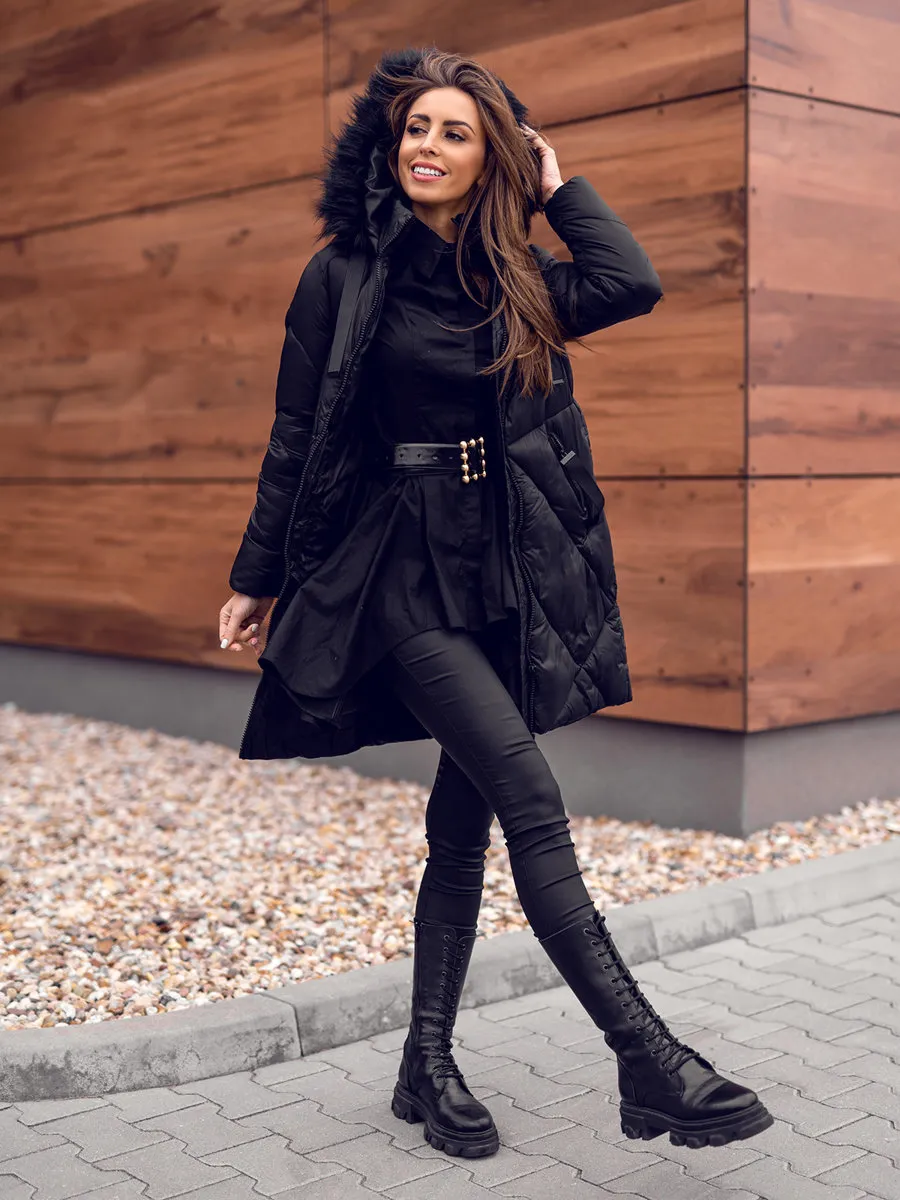 women's black quilted winter jacket with hood