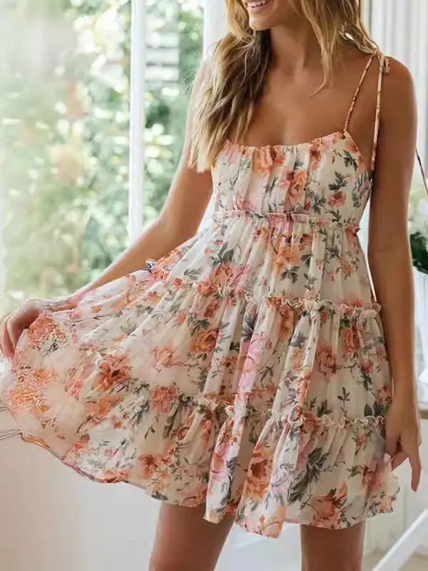 A Line Relaxed Flower Print Layered Pleated Split Joint Tied Spaghetti