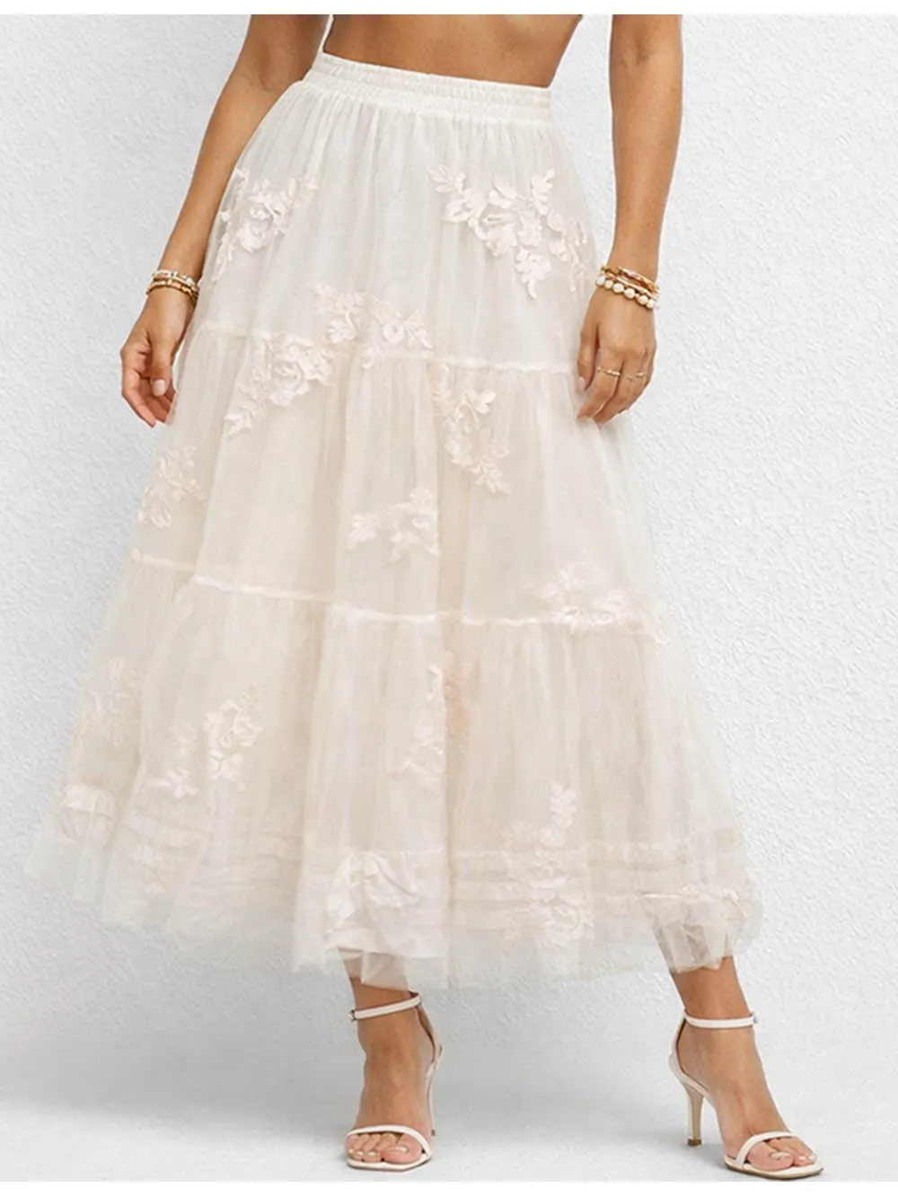 Embroidery Elastic Waist Tulle Midi Skirt