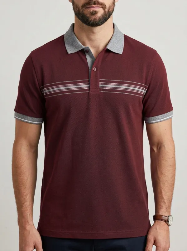 Men's Knit Textured Horizontal-Stripe Contrast-Collar Polo Shirt