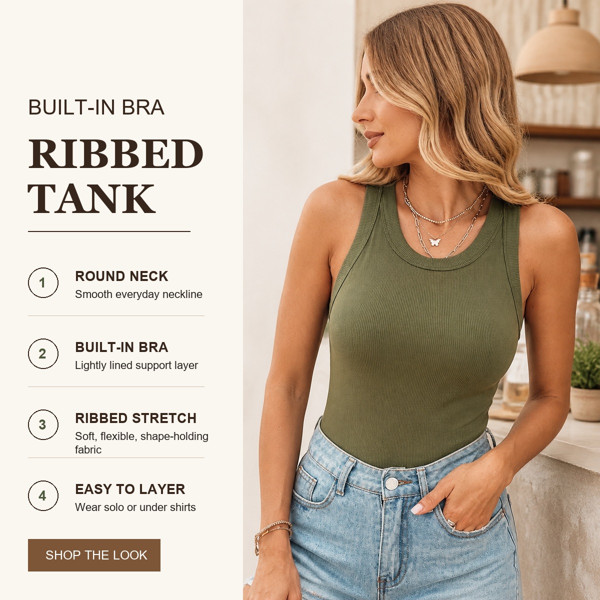 Green ribbed built-in shelf bra tank style overview