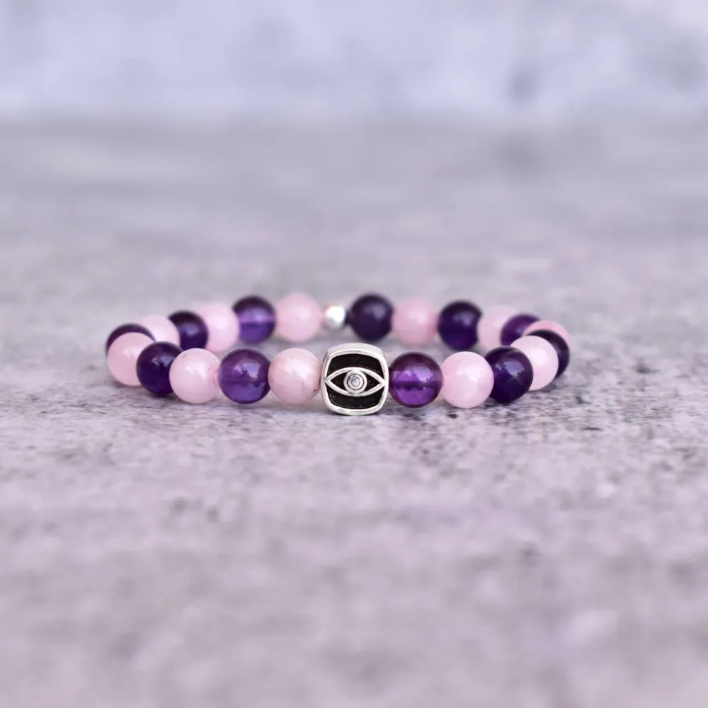 Evil Eye Rose Quartz Amethyst Bead Bracelet