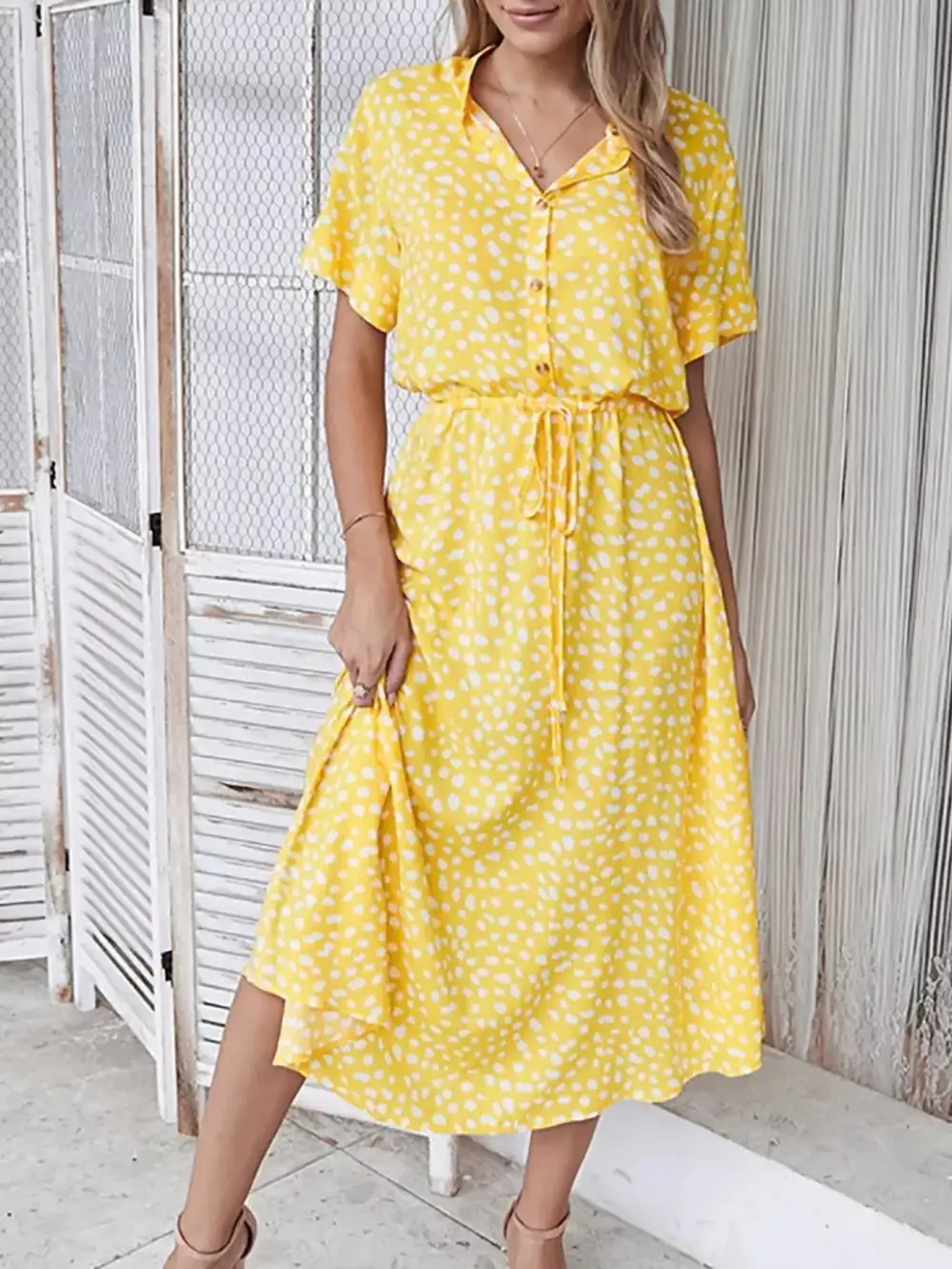 Polka Dot Button Front Midi Dress