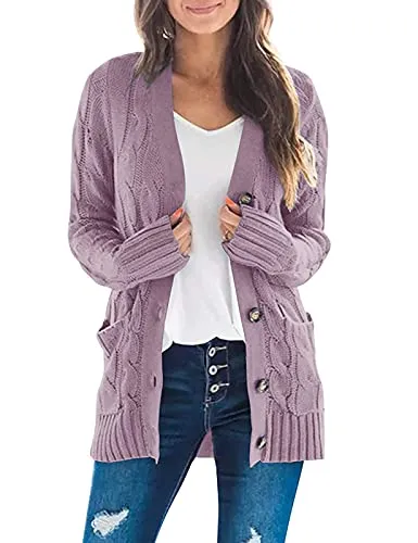 Women's Long Sleeve Cable Knit Sweater Open Front Cardigan Button Loose Outerwear