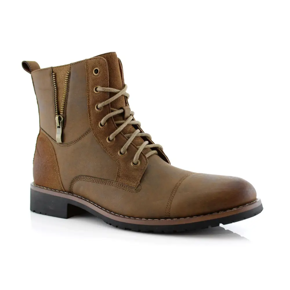 Suede Faux-Leather Cap-Toe Combat Boots