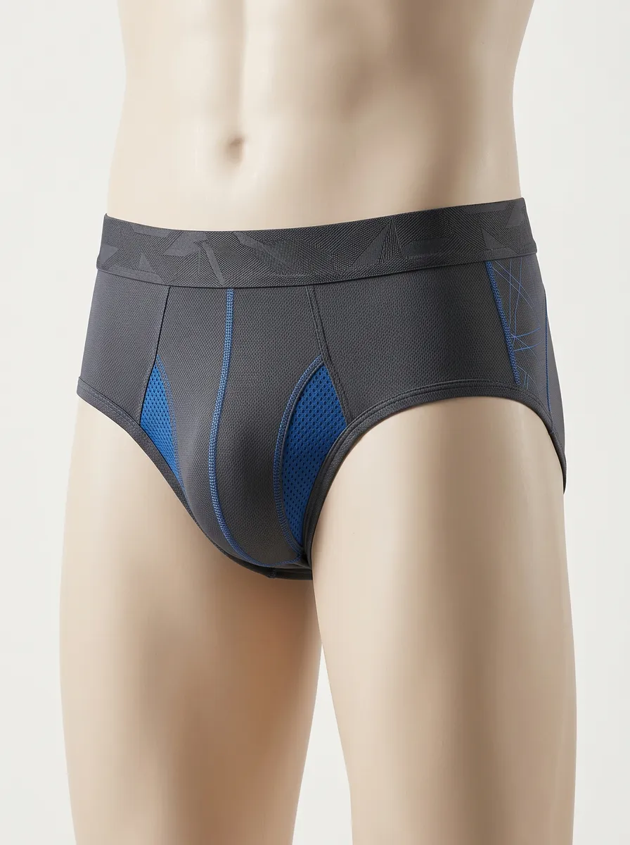 Men's Athletic Sport Blue Mesh Panel Printed Briefs