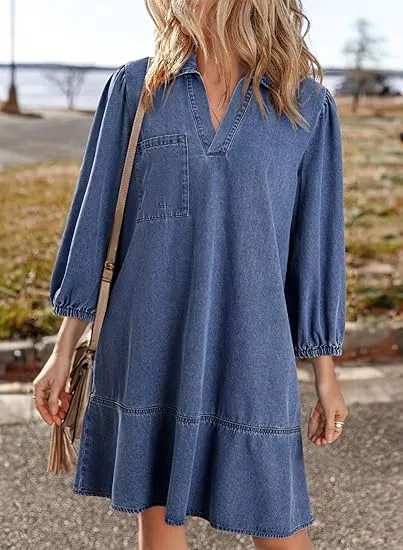Women Fashion Fall Casual Babydoll 2025 V Neck 3/4 Puff Sleeve Jean Dresses
