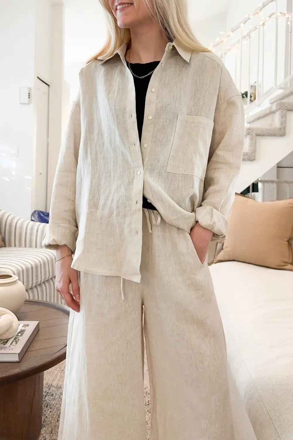 Linen Blend Button Front Button Down Shirt