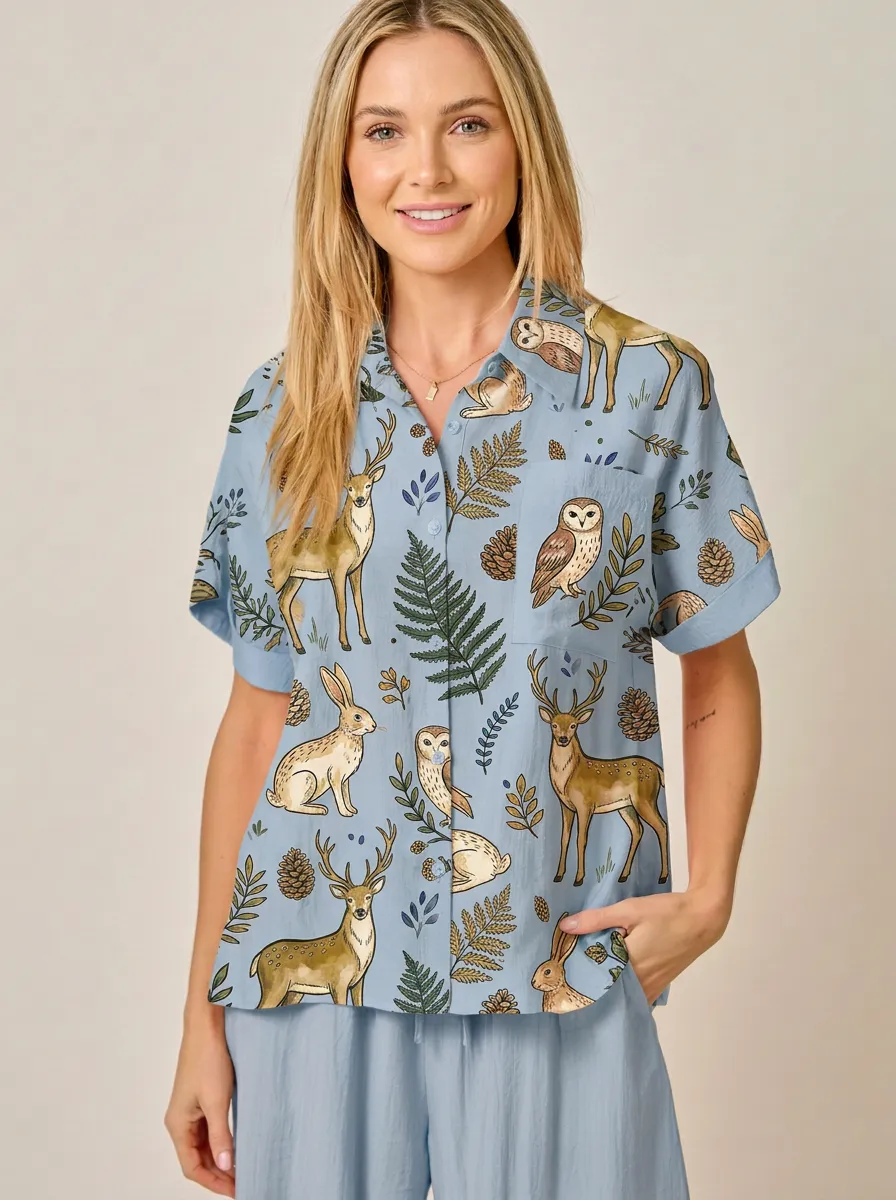 Women's Forest Animal Deer Owl Rabbit Printed Button-up Shirt