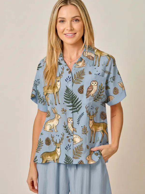 Women's Forest Animal Deer Owl Rabbit Printed Button-up Shirt