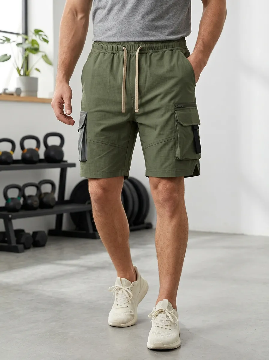 Men's Fitness Olive Green Multi-Pocket Cargo Shorts