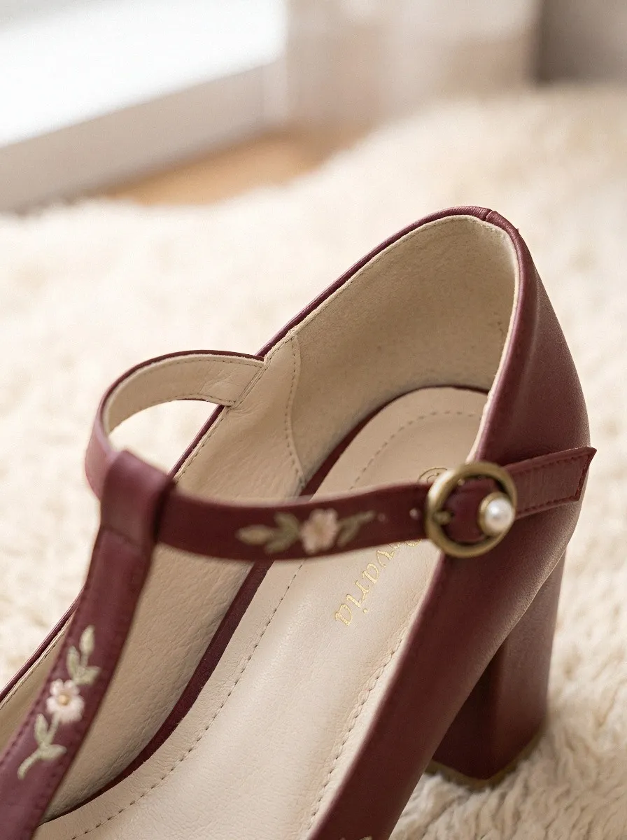 T-Strap Floral Embroidered Women's Bavarian Occasion Heels