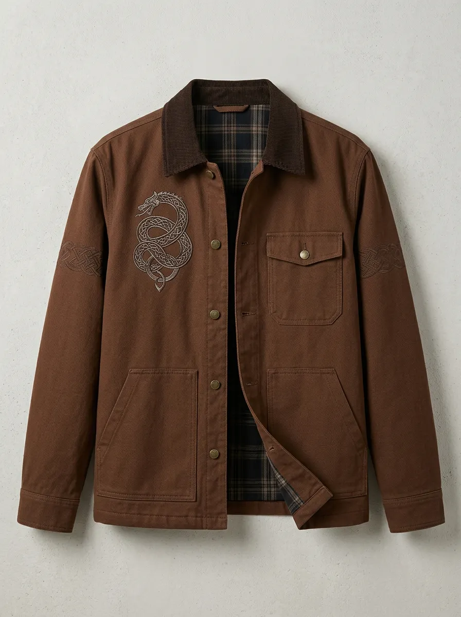 Men's Dragon Contrast-Collar Embroidered Utility Jacket
