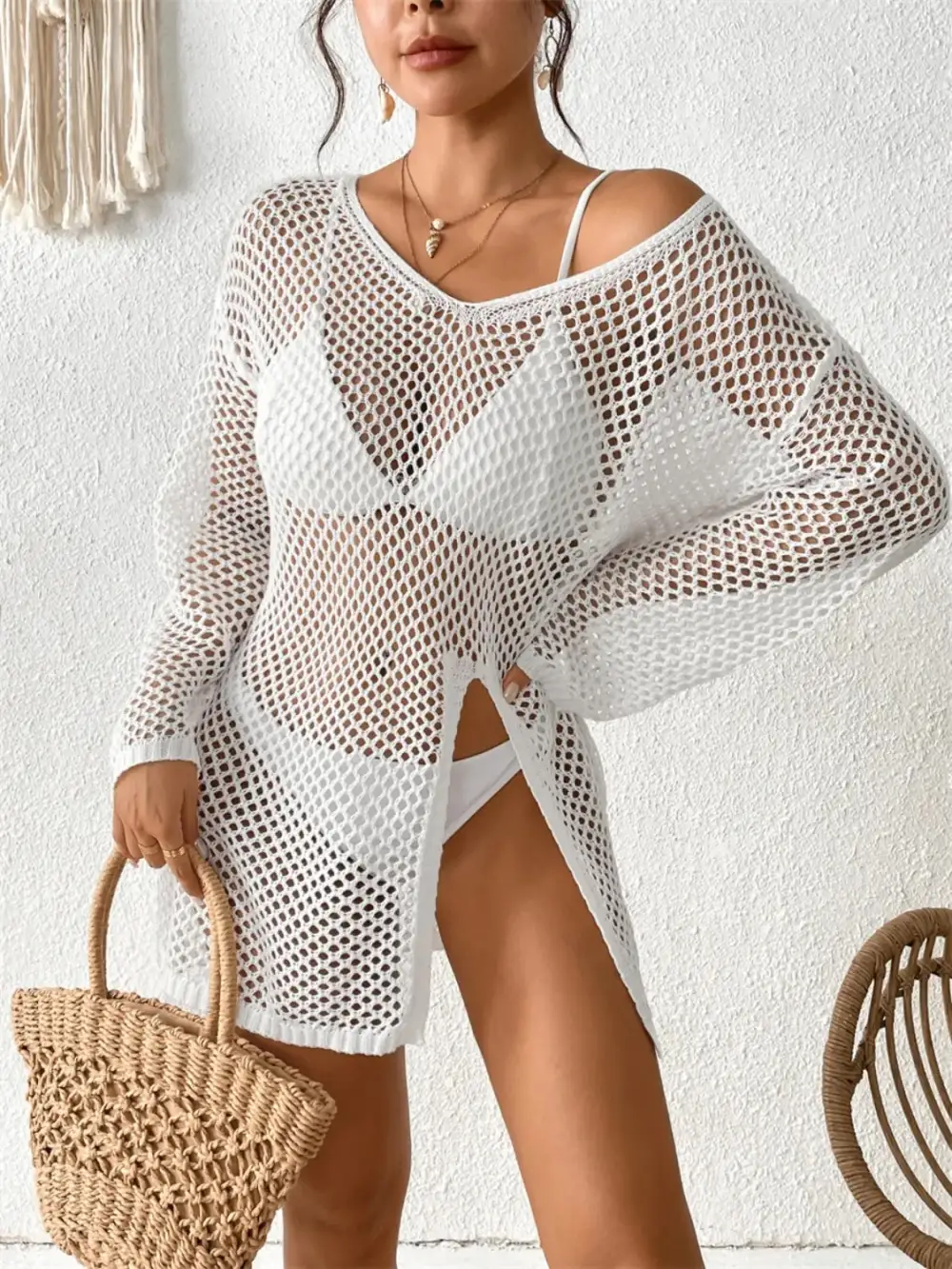 Openwork V Neck Slit Swim Cover Up