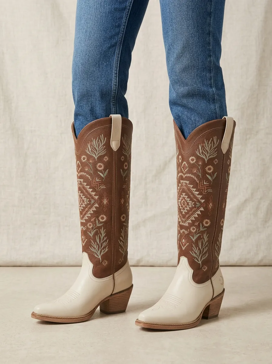 Women's Western Floral Moon Wing Geometric Embroidered Block-Heel Denim Over-the-Knee Boots