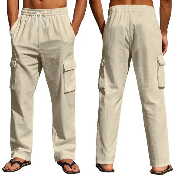Men's Loose Linen Cargo Pants Waistband Pockets