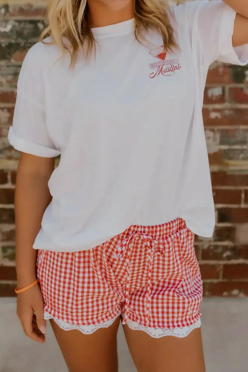 Gingham Plaid Tie Elastic Casual Shorts
