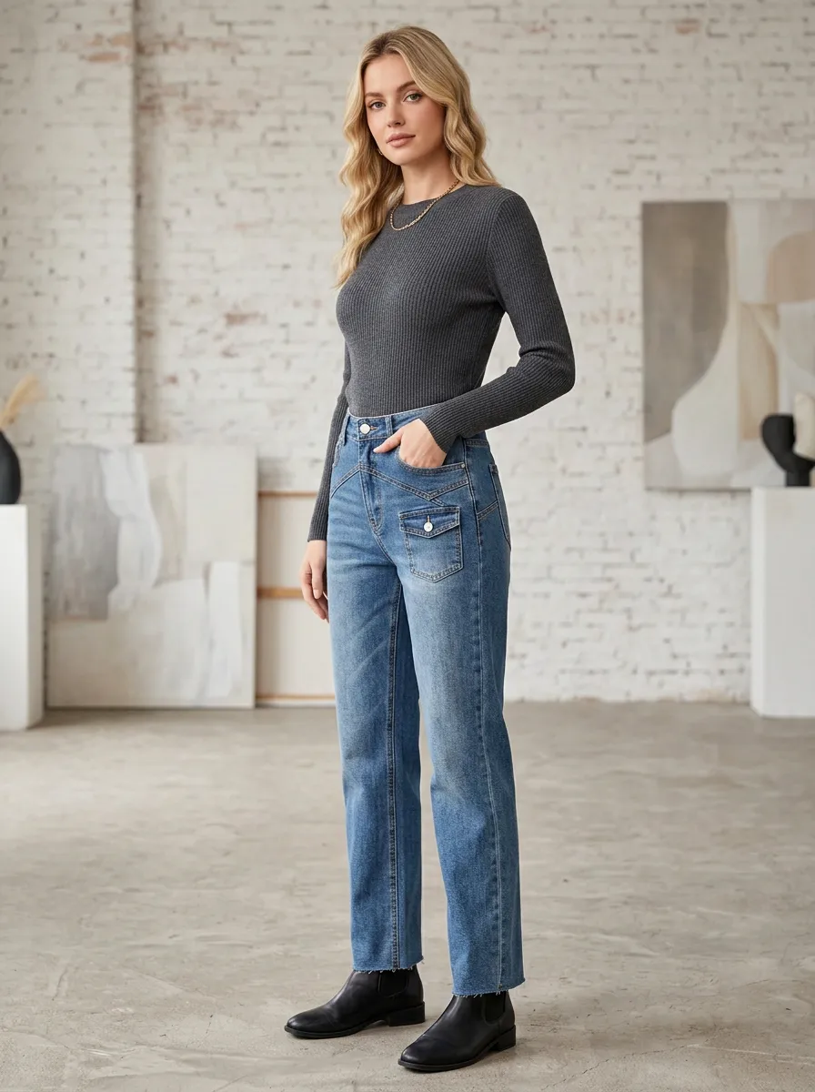Women's Straight Leg Jeans with Pocket Detail Detail in Neutral