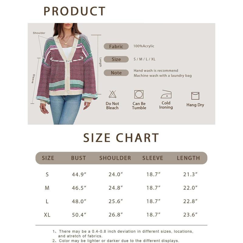 Womens Striped Cardigan Sweaters Oversized Puff Sleeve Button Up V Neck Color Block Knit Sweater Coat