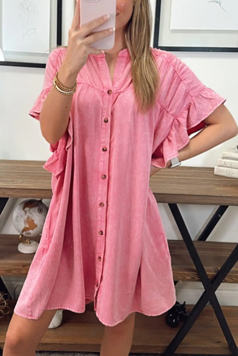Balanced Denim Look Ruffle Trim Button Front Mini Dress