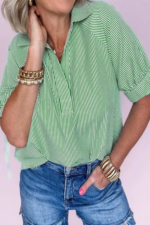 Striped Print Collared Split Neck Half Sleeve Blouse