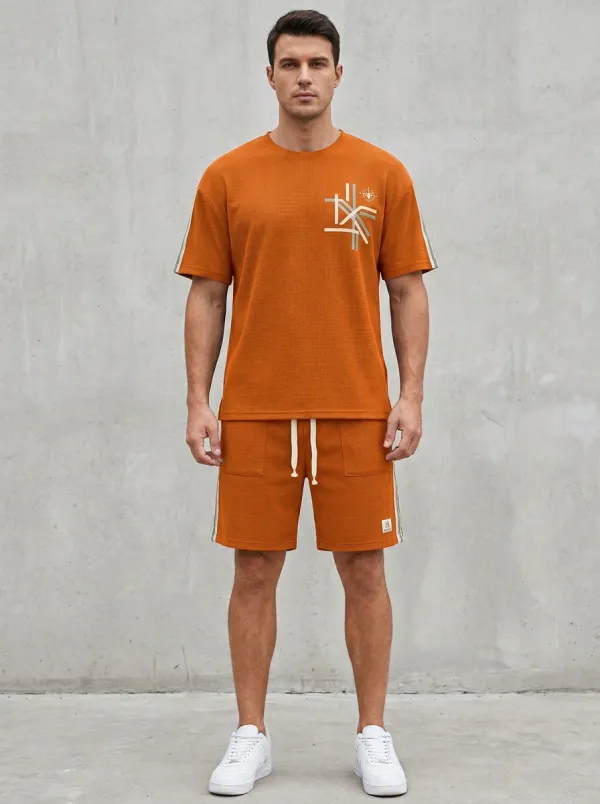 Classic Waffle Texture Geometric Pattern Street Style Men's T-Shirt And Shorts Set