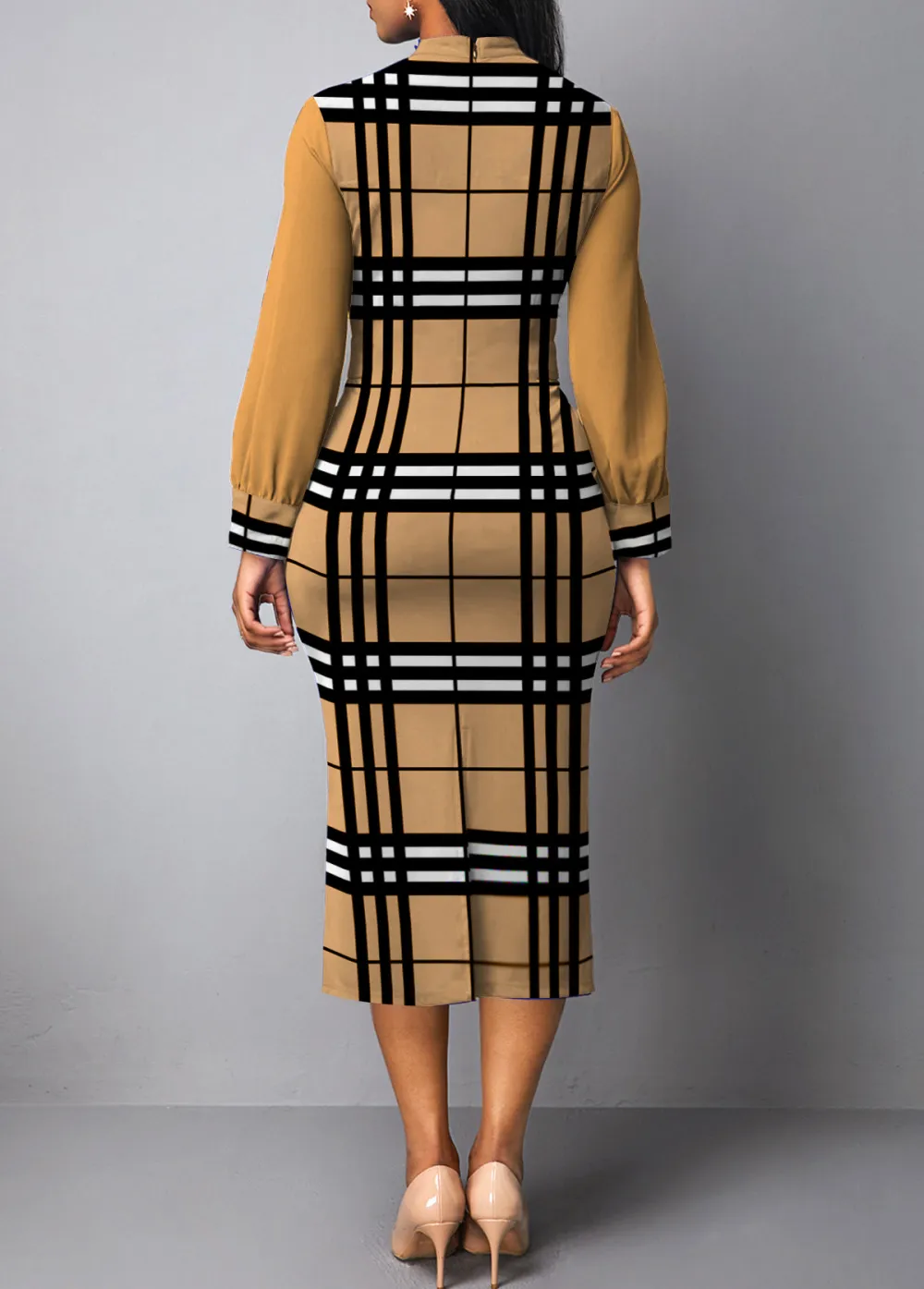 Plaid Patchwork Light Camel Stand Collar Bodycon Dress