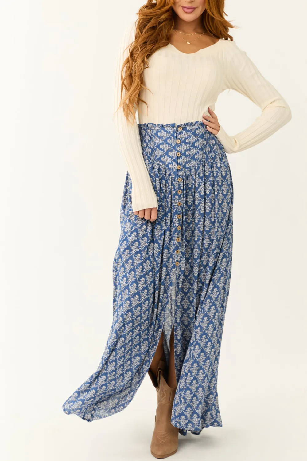 Dusty Blue Abstract Floral Print Maxi Skirt