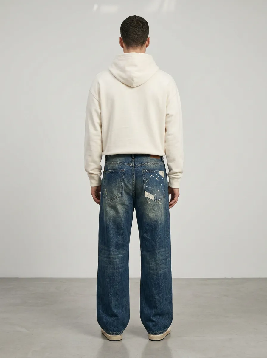 Wide Leg Patchwork Constellation Graphic Men's Loose Fit Jeans