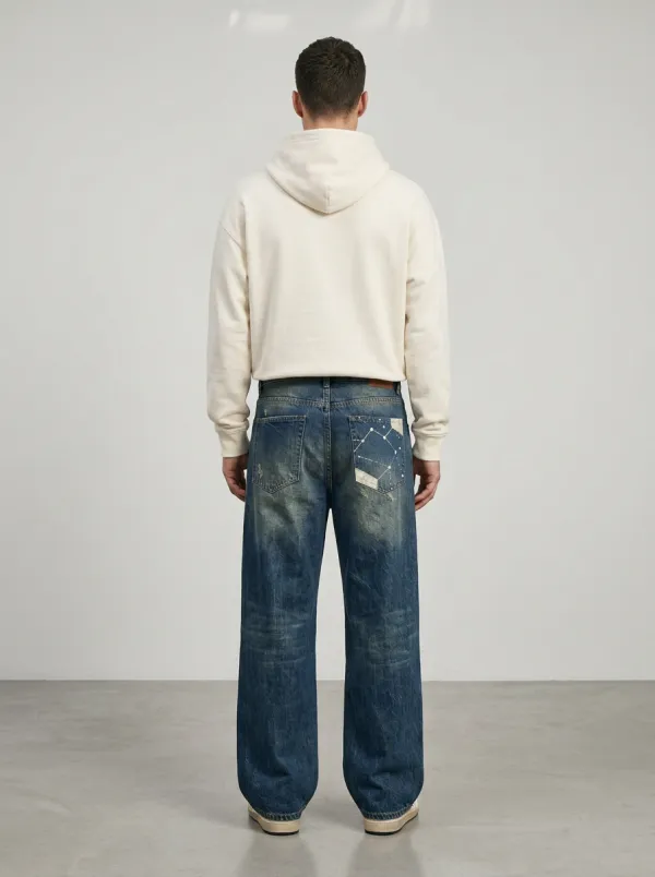 Wide Leg Patchwork Constellation Graphic Men's Loose Fit Jeans