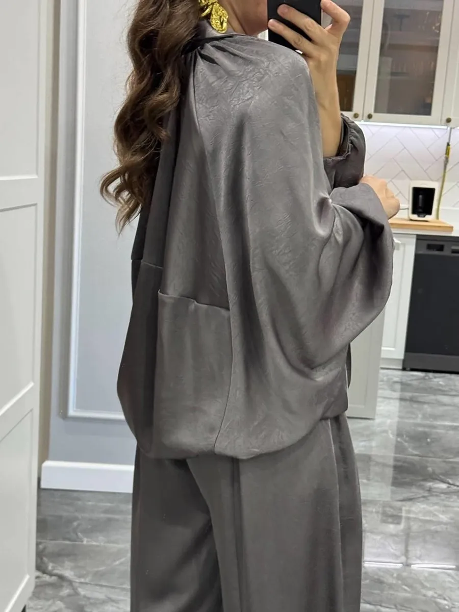 Women's solid color cross-section design casual zipper cardigan & pants set