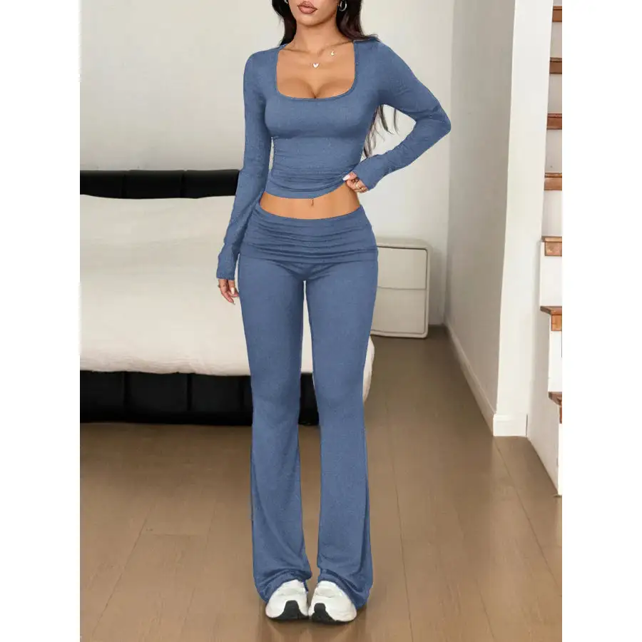 Long Sleeve Crop Top and Bootcut Pants Set
