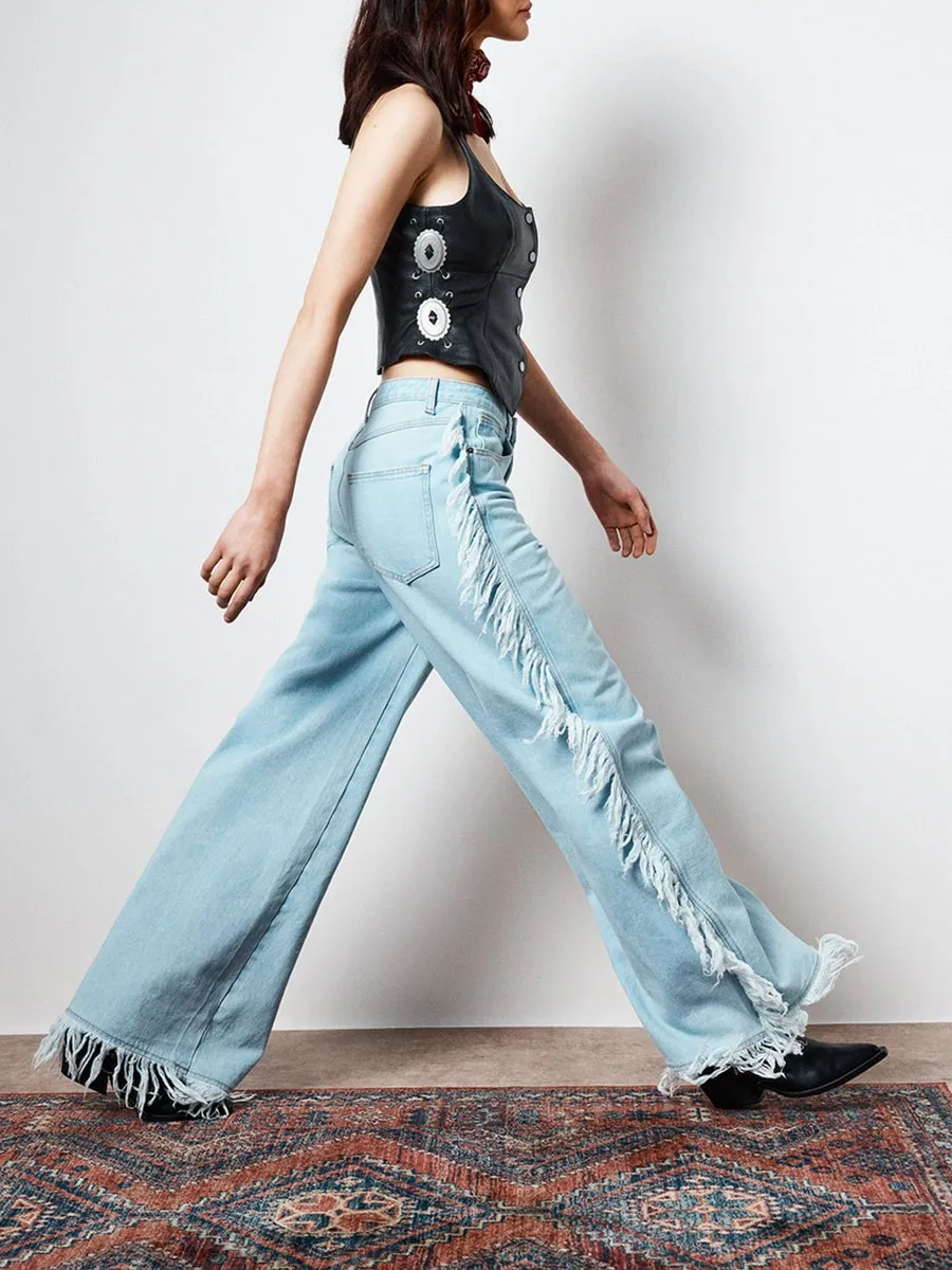 Women's Vintage-Style Fringe-Trim Wide-Leg Denim Pants