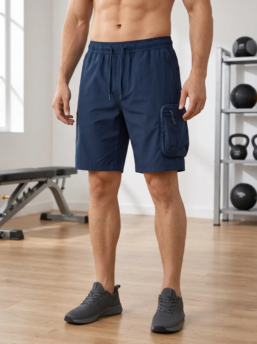 Men's Gym Fitness Navy Blue Zipper Pocket Cargo Shorts