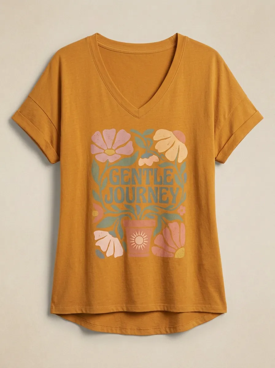 Women's Gentle Journey Floral Potted Plant Print V-Neck T-Shirt