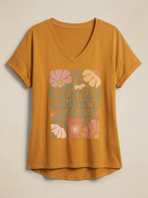 Women's Gentle Journey Floral Potted Plant Print V-Neck T-Shirt