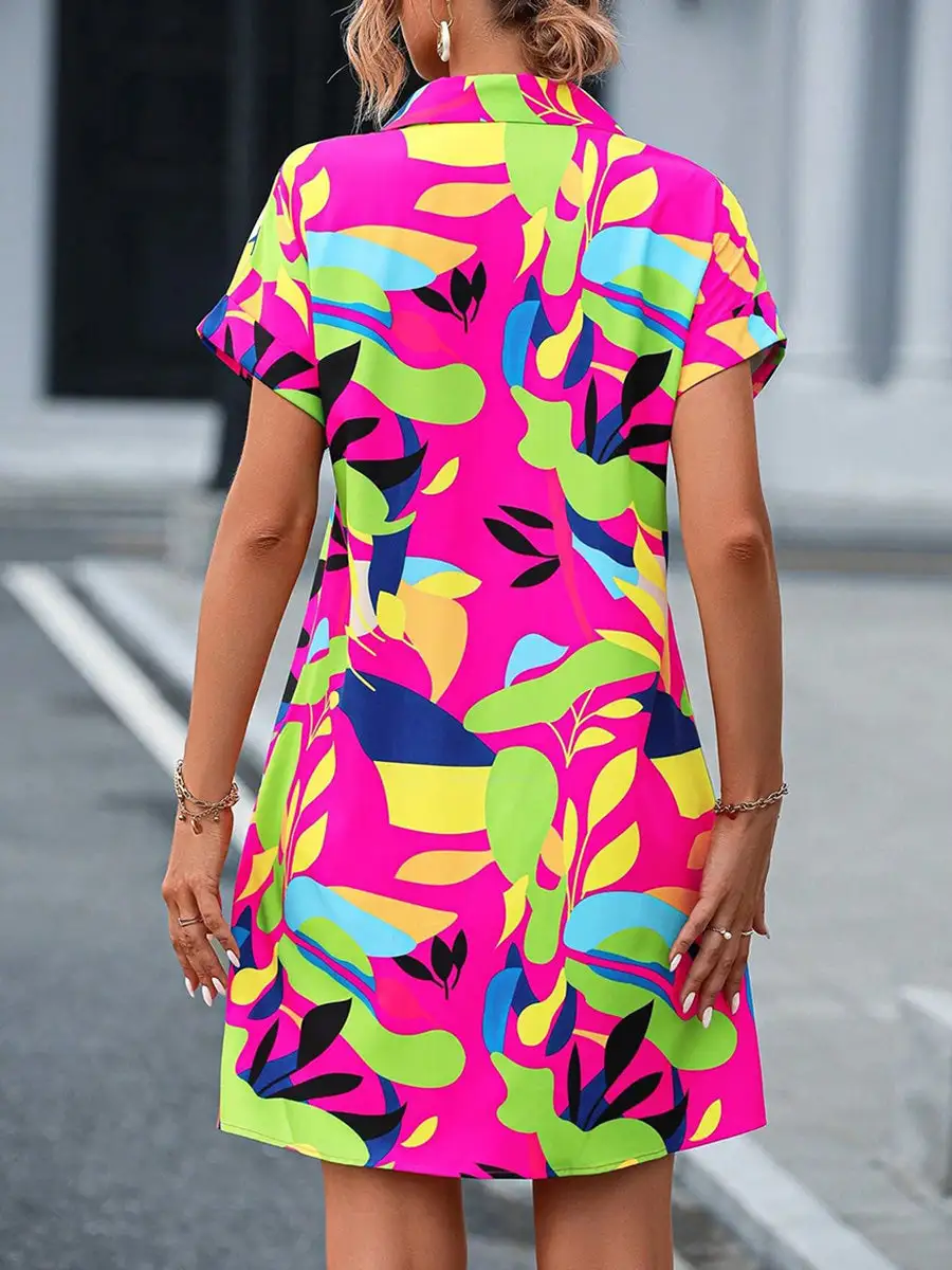 Short Sleeve Buttoned Contrast Color Printed Lapel Mini Dress Shirt Dress