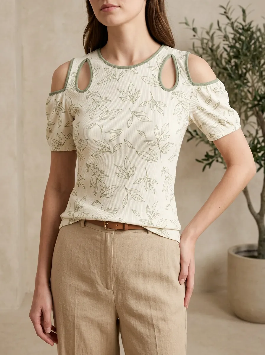 Women's Botanical Leaf Printed Cold Shoulder Top