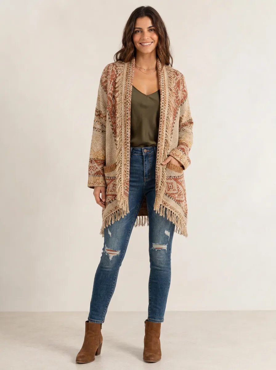 Women's Multi-Color Southwestern Pattern Fringe Cardigan Fringe-Trim