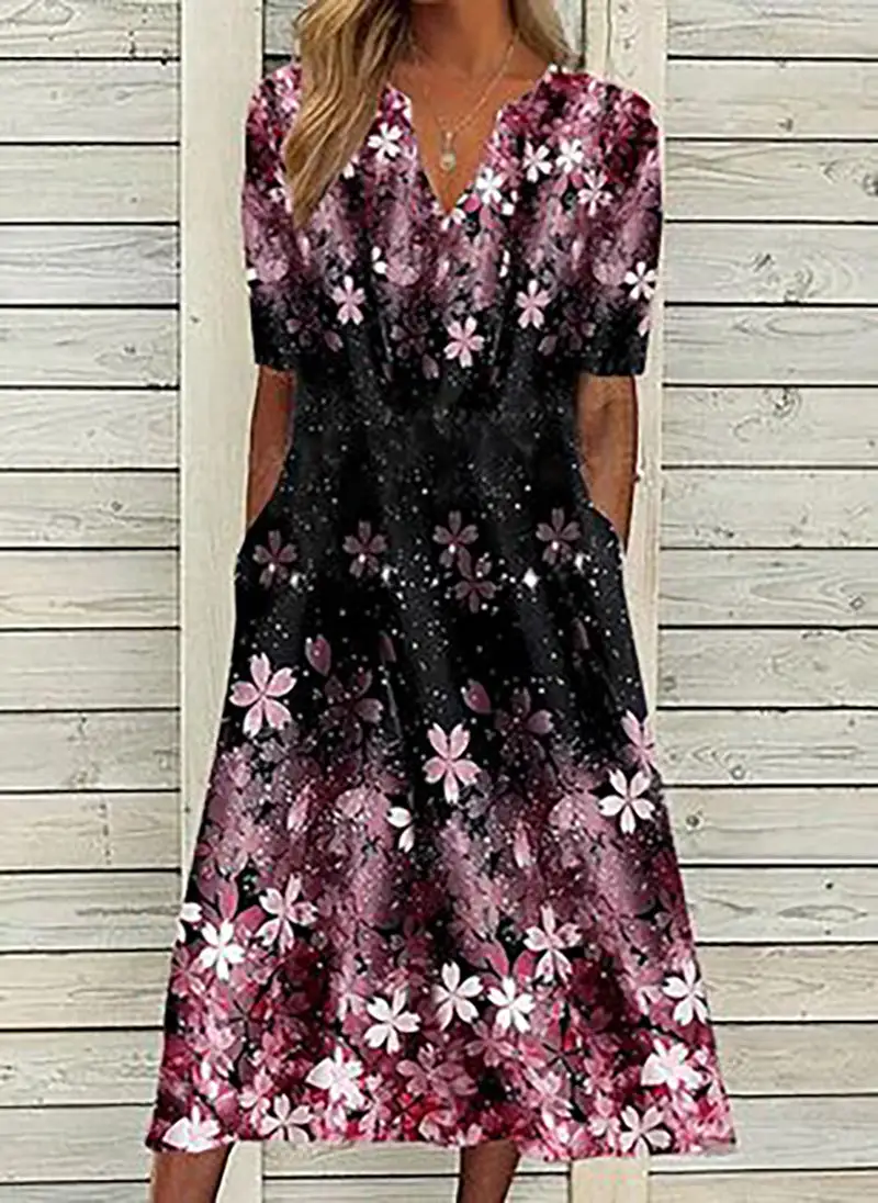 Purple Floral Print Side Pocket Midi Dress