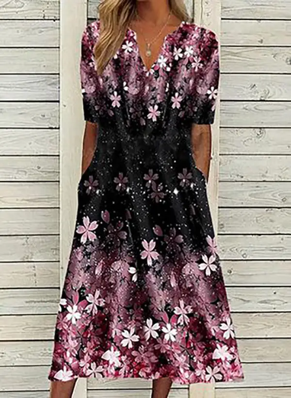 Purple Floral Print Side Pocket Midi Dress