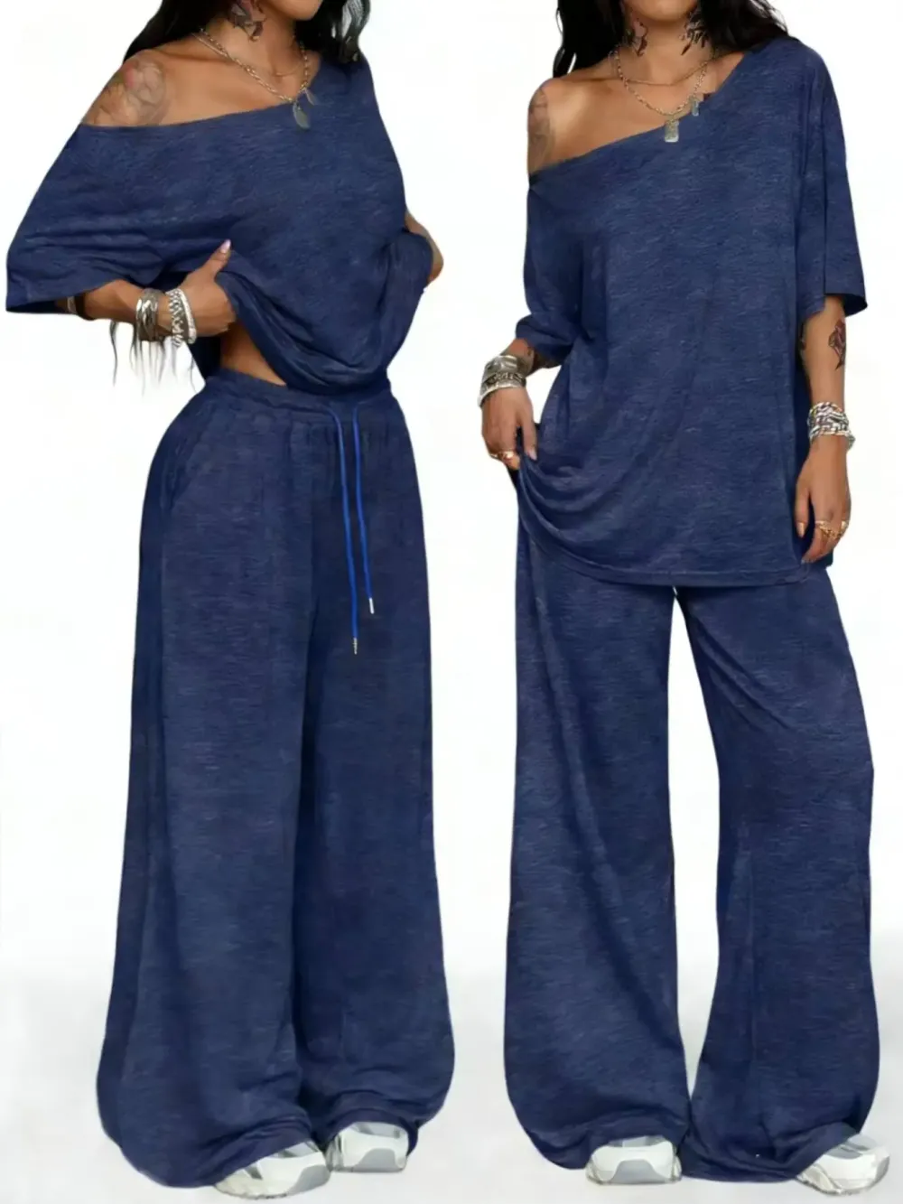 Women’s Casual Two-Piece Set – Wide-Leg Pants & Slant Neck Top